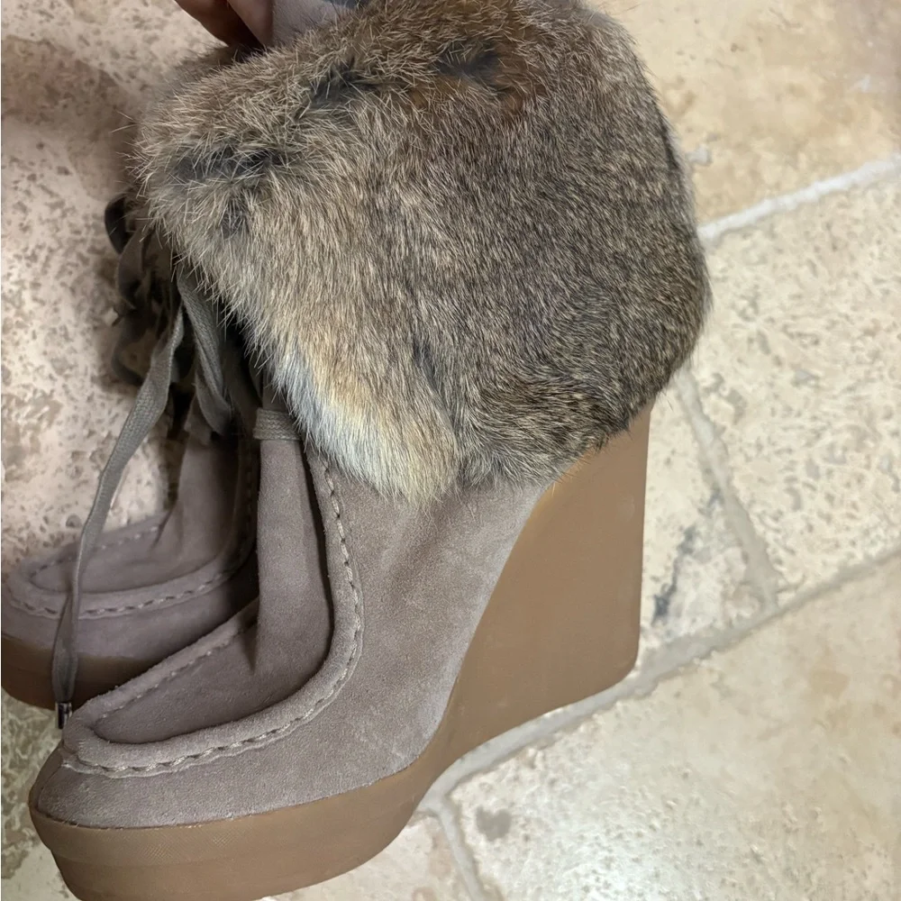 Coach Taupe Suede Wedge Winter Boots with Fur Cuff